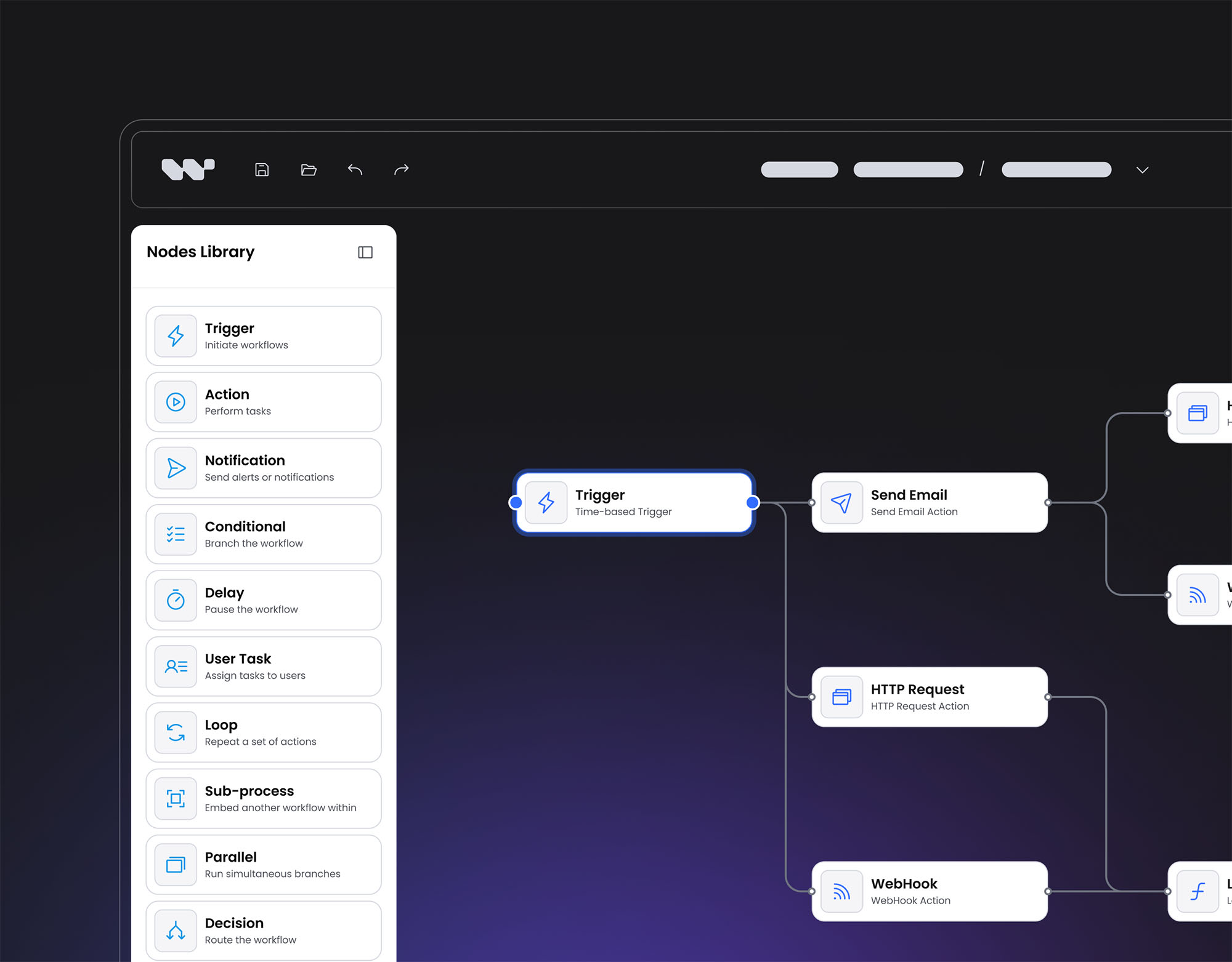 Fragment Logic Forms UI przedstawiający pasek boczny z funkcjami i funkcjonalnościami, górny pasek nawigacyjny, logotyp oraz część diagramu przepływu pracy zbudowanego na płótnie.